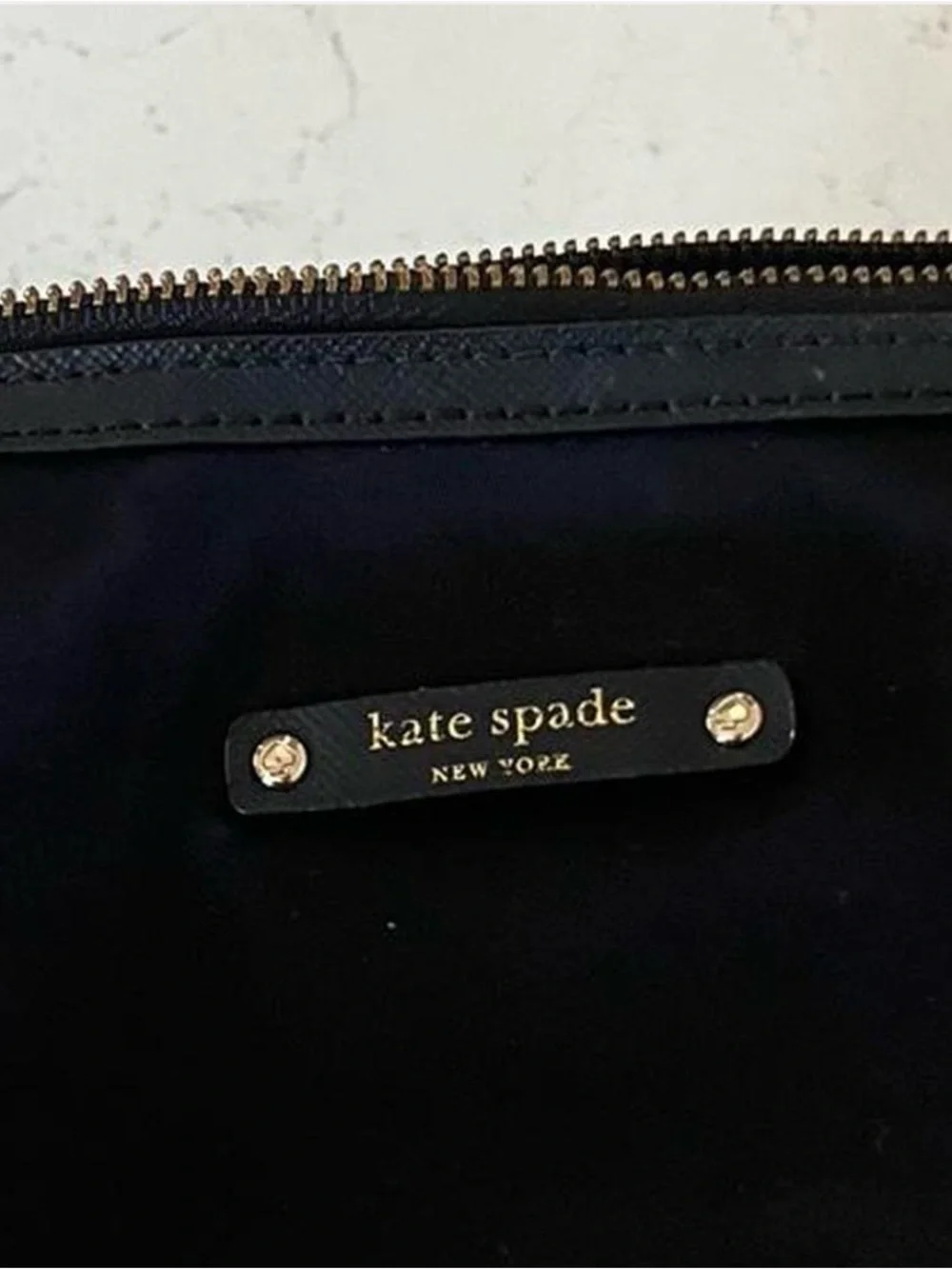 kate spade black nylon zip cosmetic pouch with gold-tone zipper